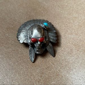 Vintage Navajo chief skull turquoise coral pendant sterling silver 925